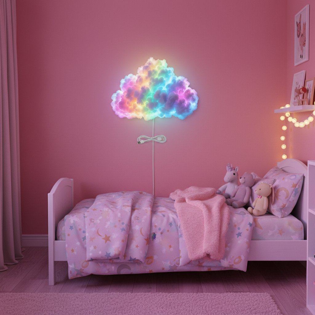 Thundercloud cloud lamp in pink kids bedroom - fairy tale ambient lighting