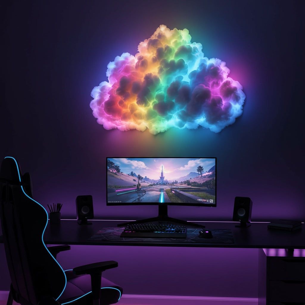 Thundercloud RGB cloud light in gaming room setup with monitor and desk